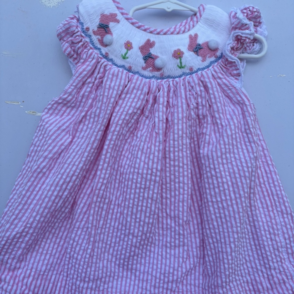 Cecil and Lou Pink Seersucker Smocked Bunny Eyelet Dress